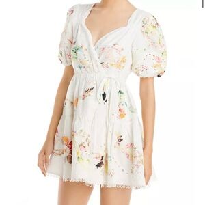 HEMANT & NANDITA Cream Floral Puff Sleeve Mini Dress